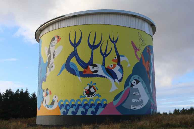 Vatnstankur með listaverki Toyism