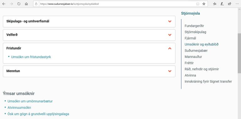 Skjáskot af síðu með eyðublaði fyrir frístundastyrk